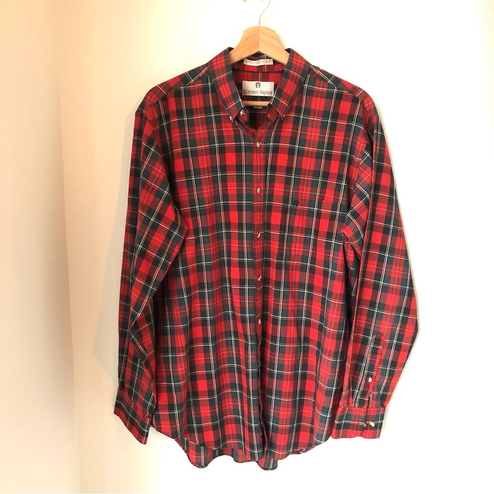 Etienne Aigner Red and Green Plaid Casual Button Down Shirt